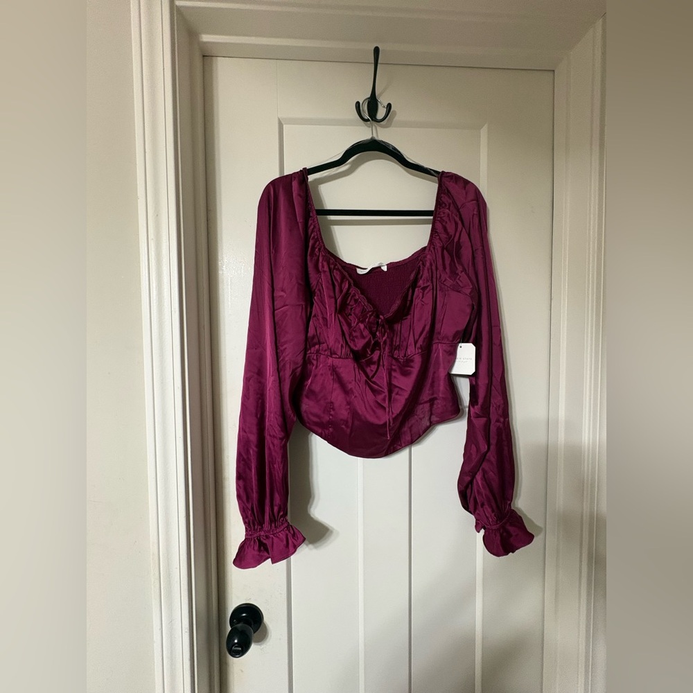 Altar’d State Long-Sleeve Ruffled Satin Blouse - Magenta